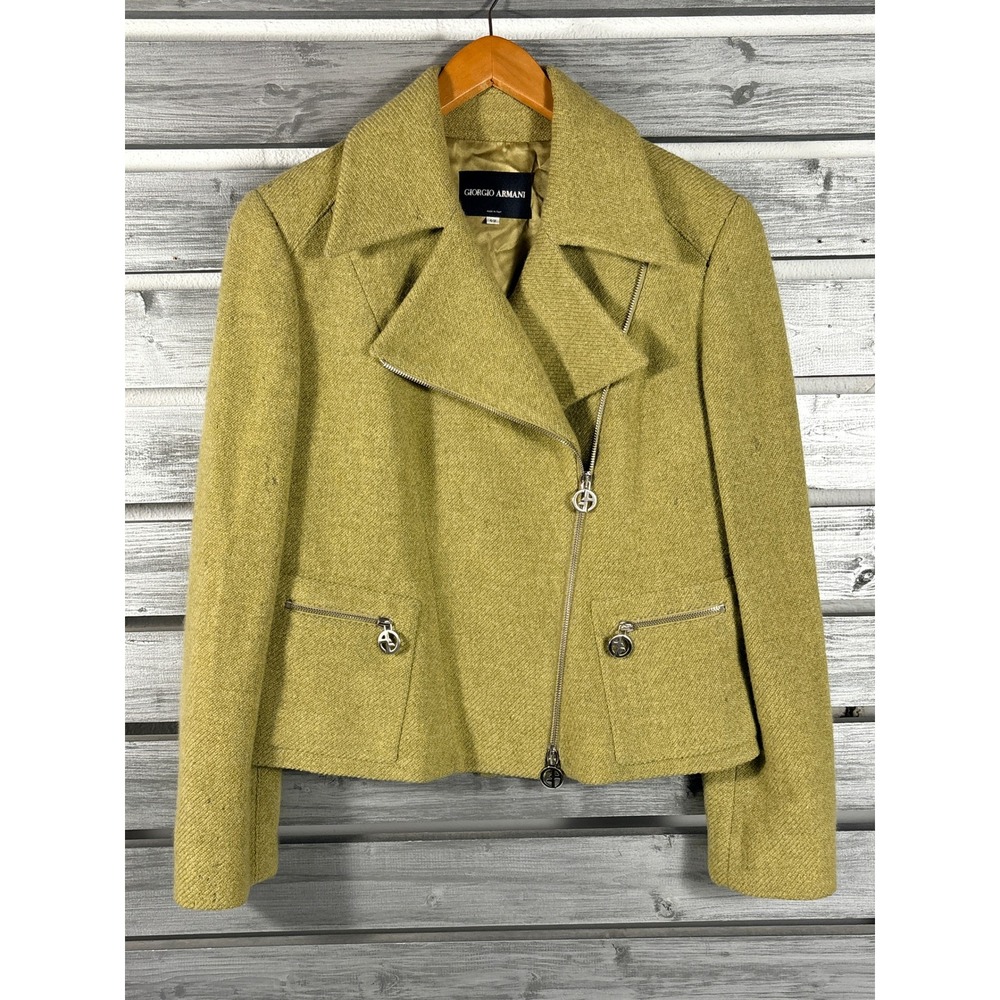Giorgio Armani Cashmere Wool Jacket Asymmetrical Zip Green Italy Womens 42 worn